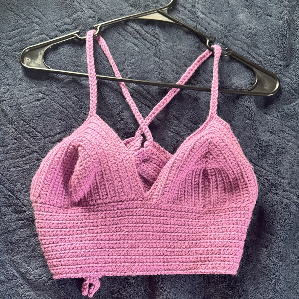 Purple Handmade Crochet Halter Lace in Back Top fits Small/Medium